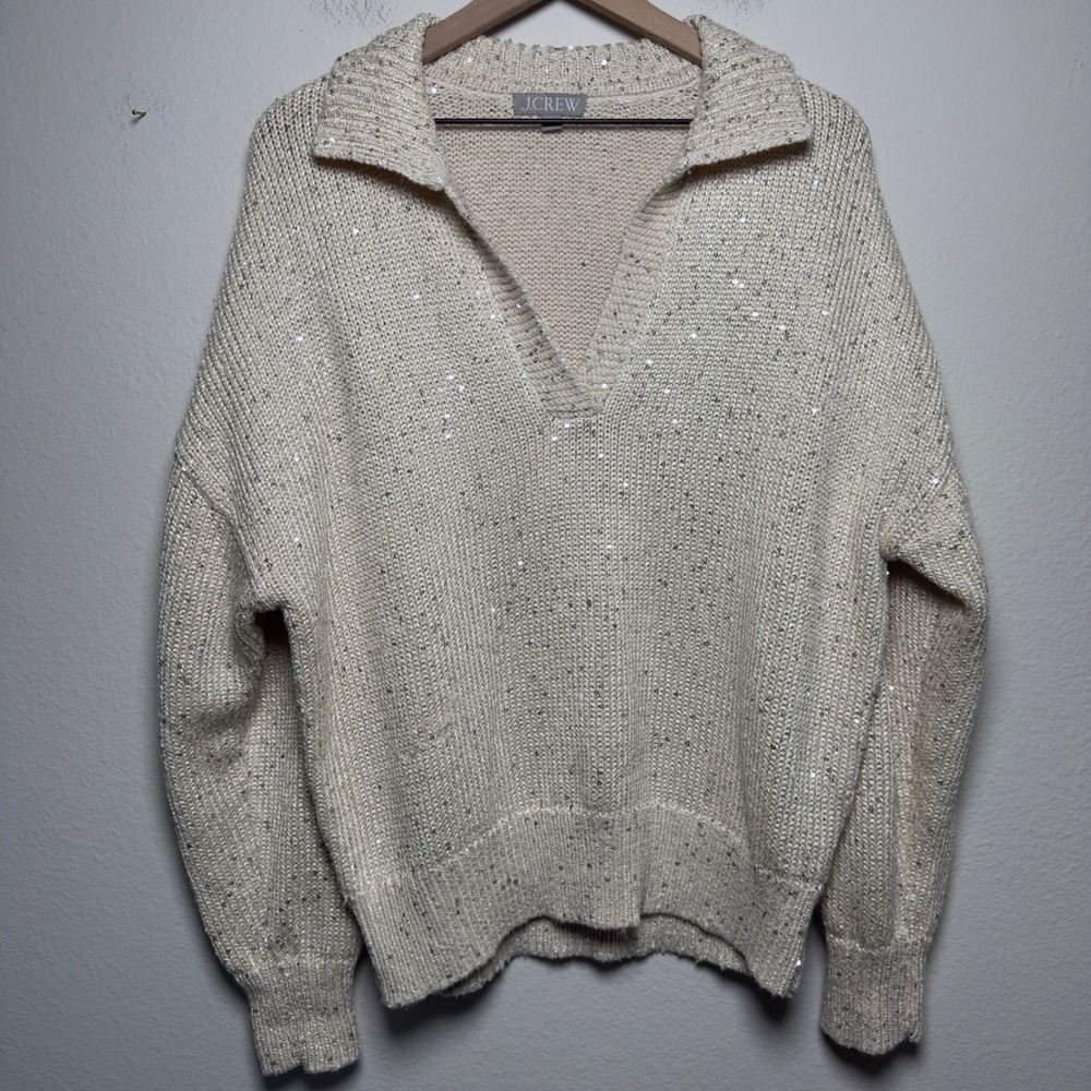 J. Crew Women Polo Cotton Sweater XL Beige Sequin Preppy Chunky Artsy